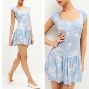 REFORMATION Olencia Floral Cap Sleeve Ruffle Hem Blue Mini Dress Size 10